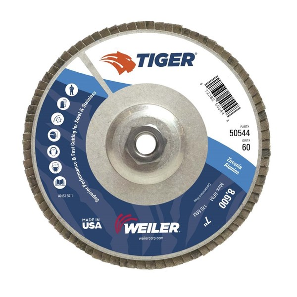 Weiler 7" Tiger DiscFlap Disc, Conical (TY29), 60Z, 5/8"-11 UNC 50544